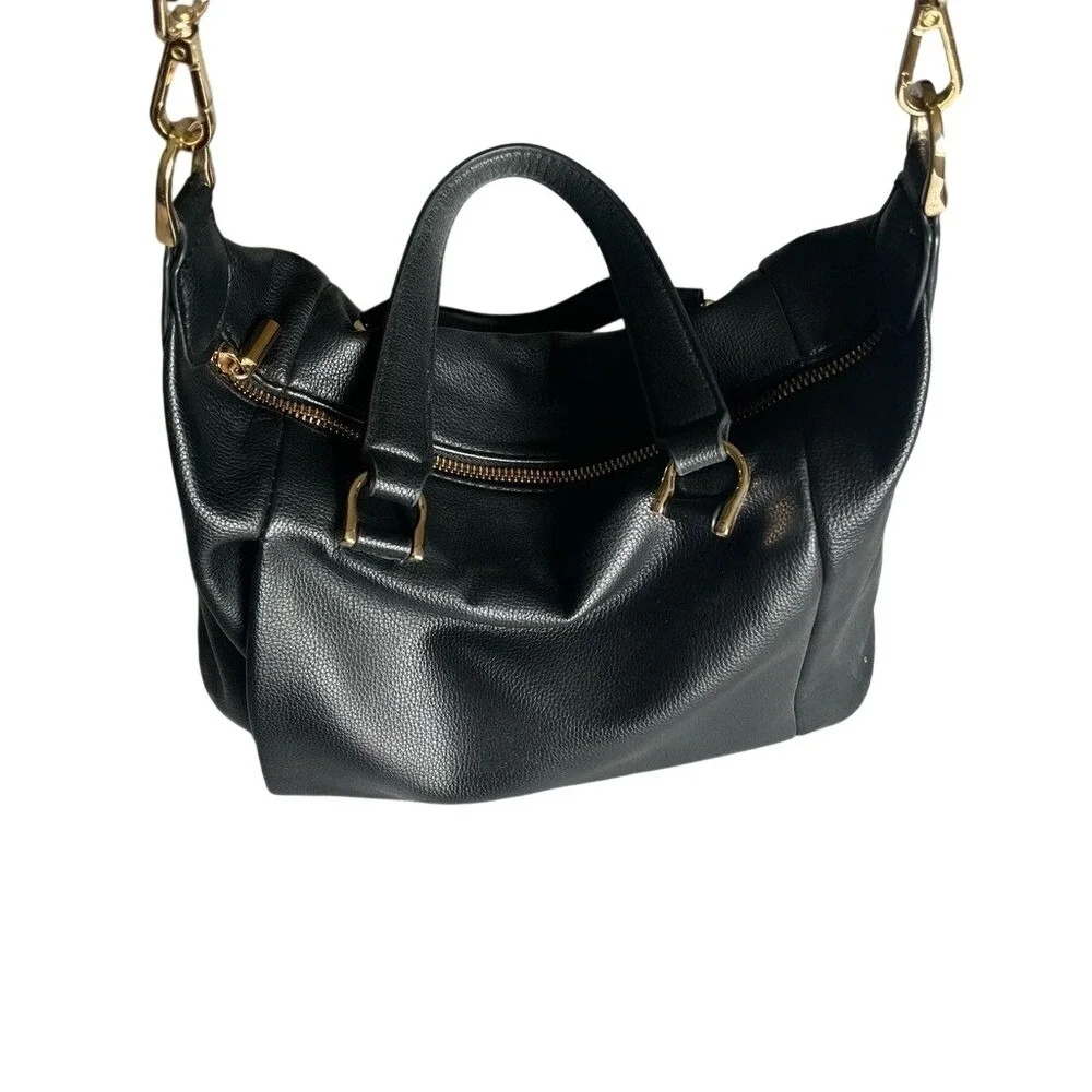 A New Day Black Pebbled Faux Leather Satchel Crossbody Bag Gold Hardware